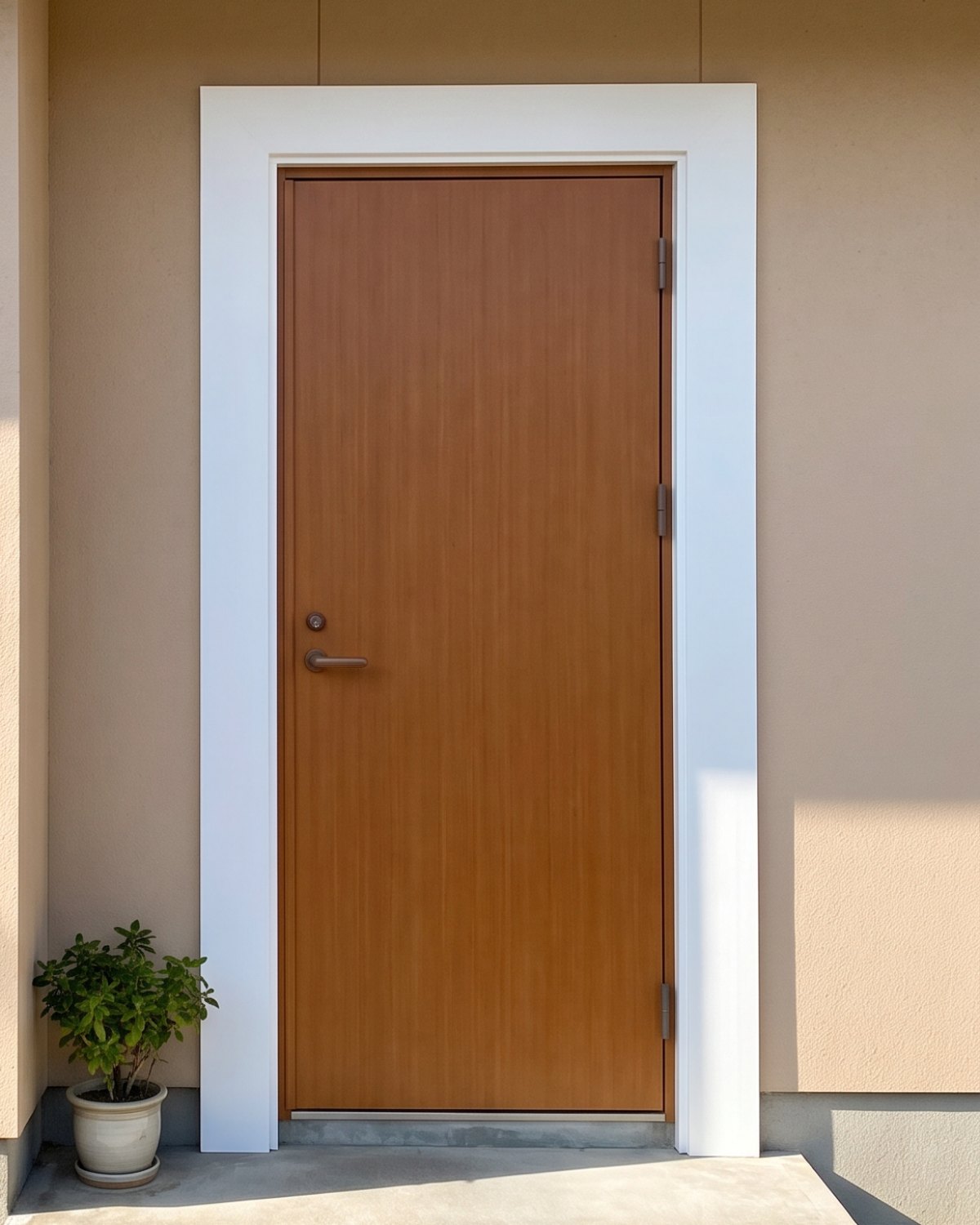 白く塗り直したドア枠が明るく見える、住宅の玄関まわり